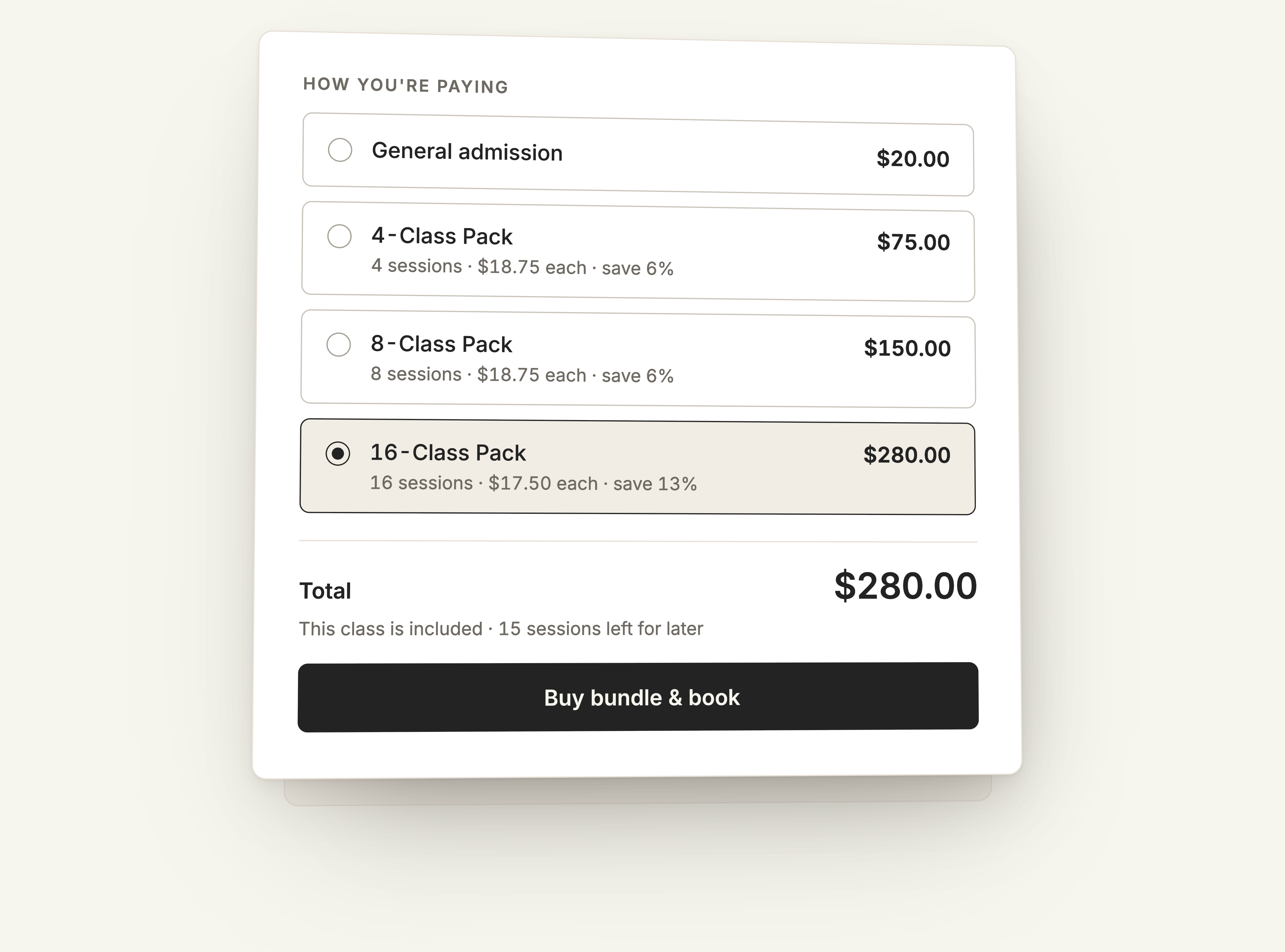 Example Gomry checkout with single-class and prepaid class-pack options, including a Buy bundle & book button.