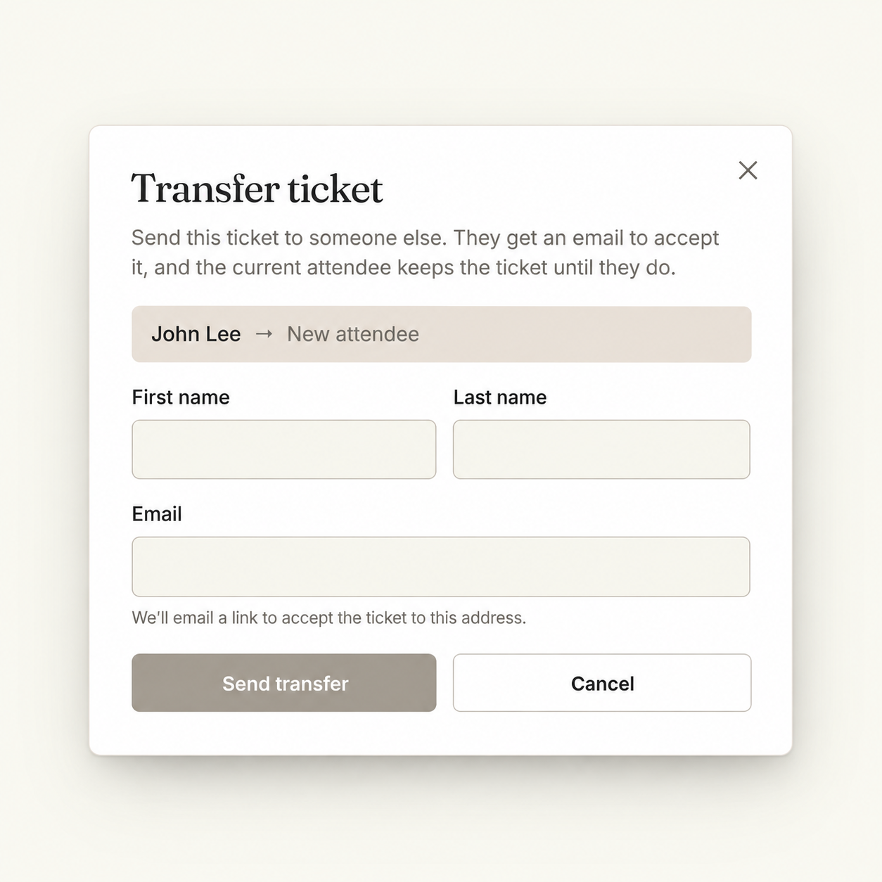 Gomry ticket transfer form showing the current attendee, recipient name fields and email invitation.