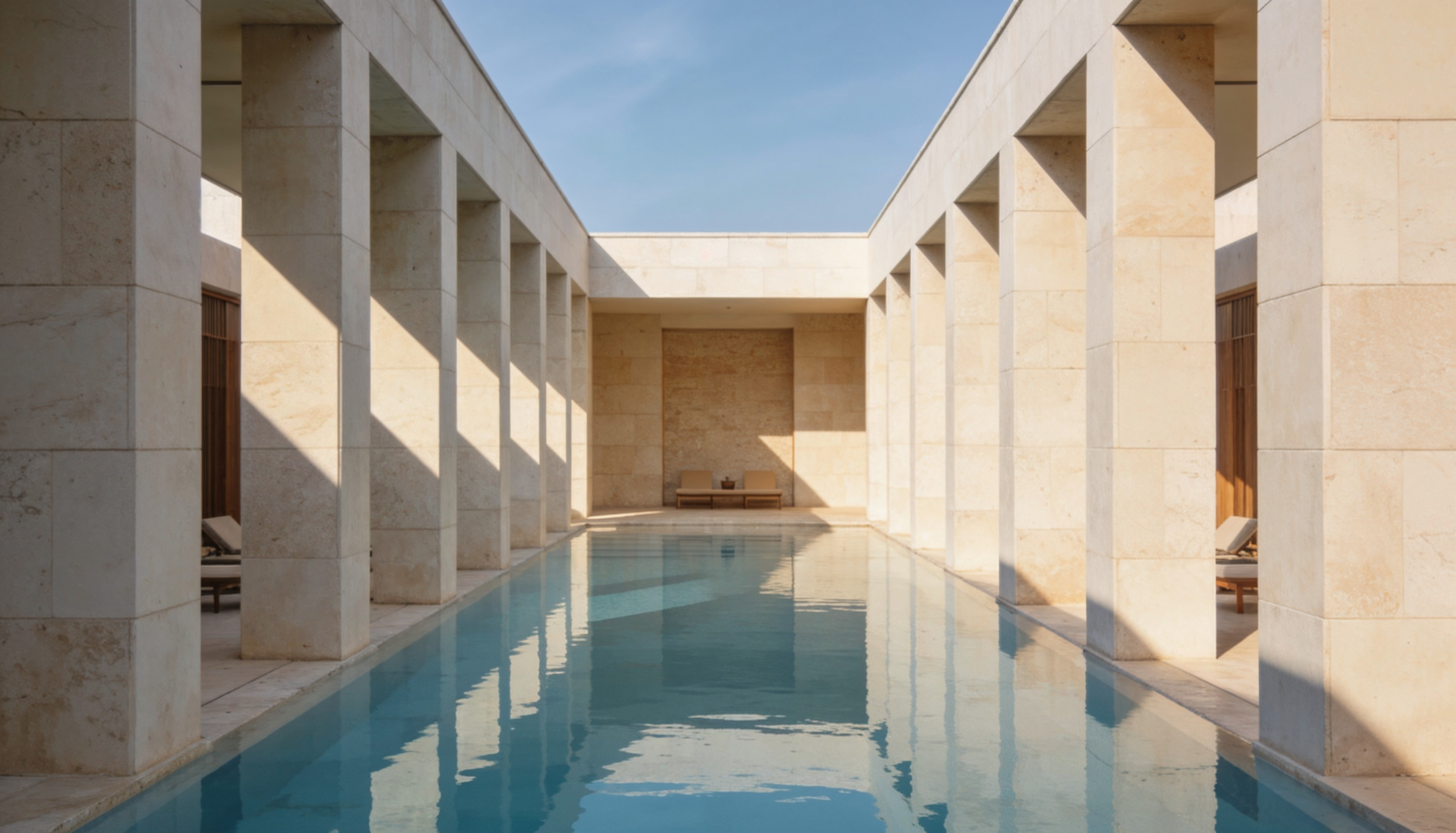 Quiet limestone colonnade over still water