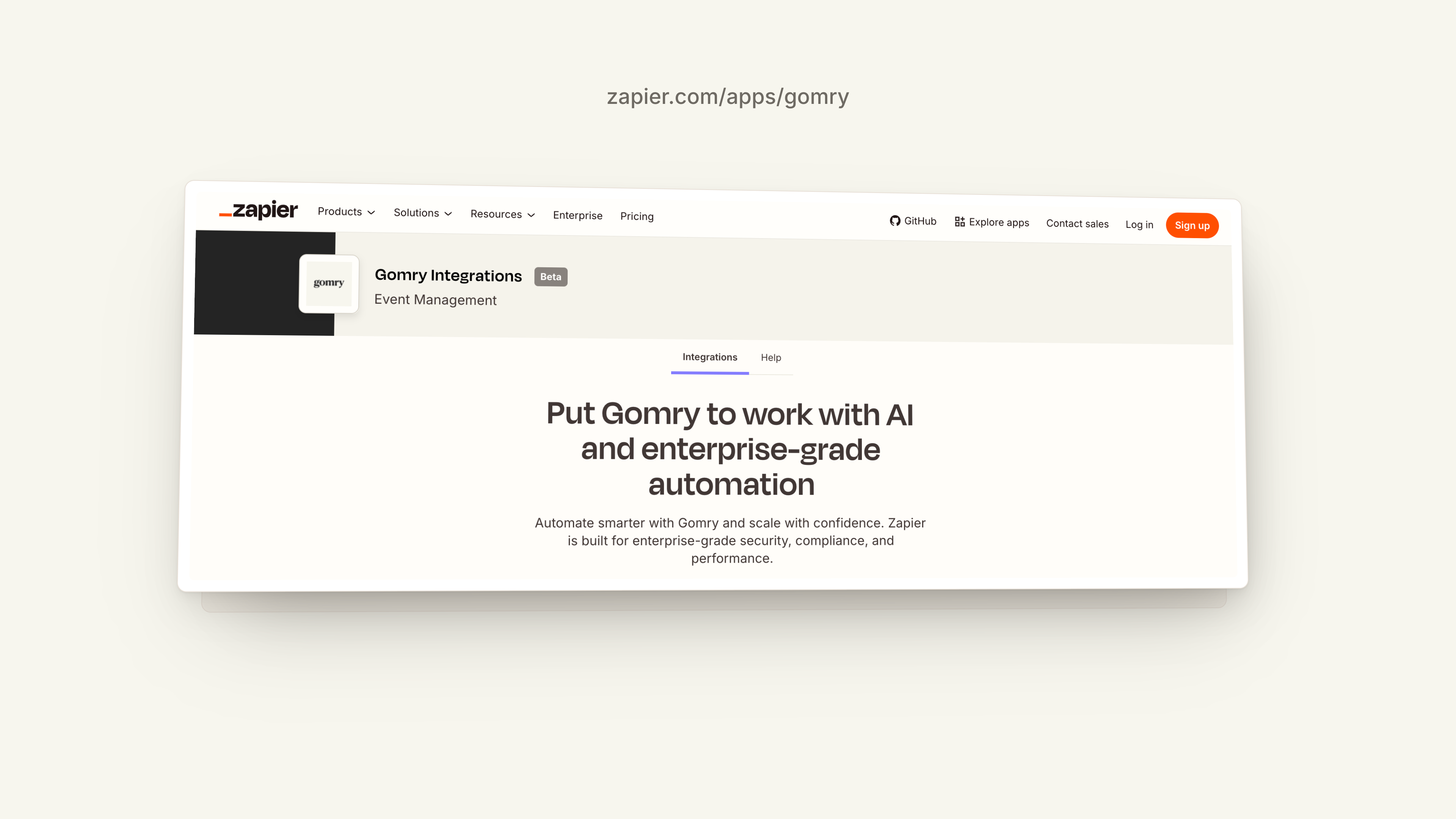 Gomry integration page on Zapier.